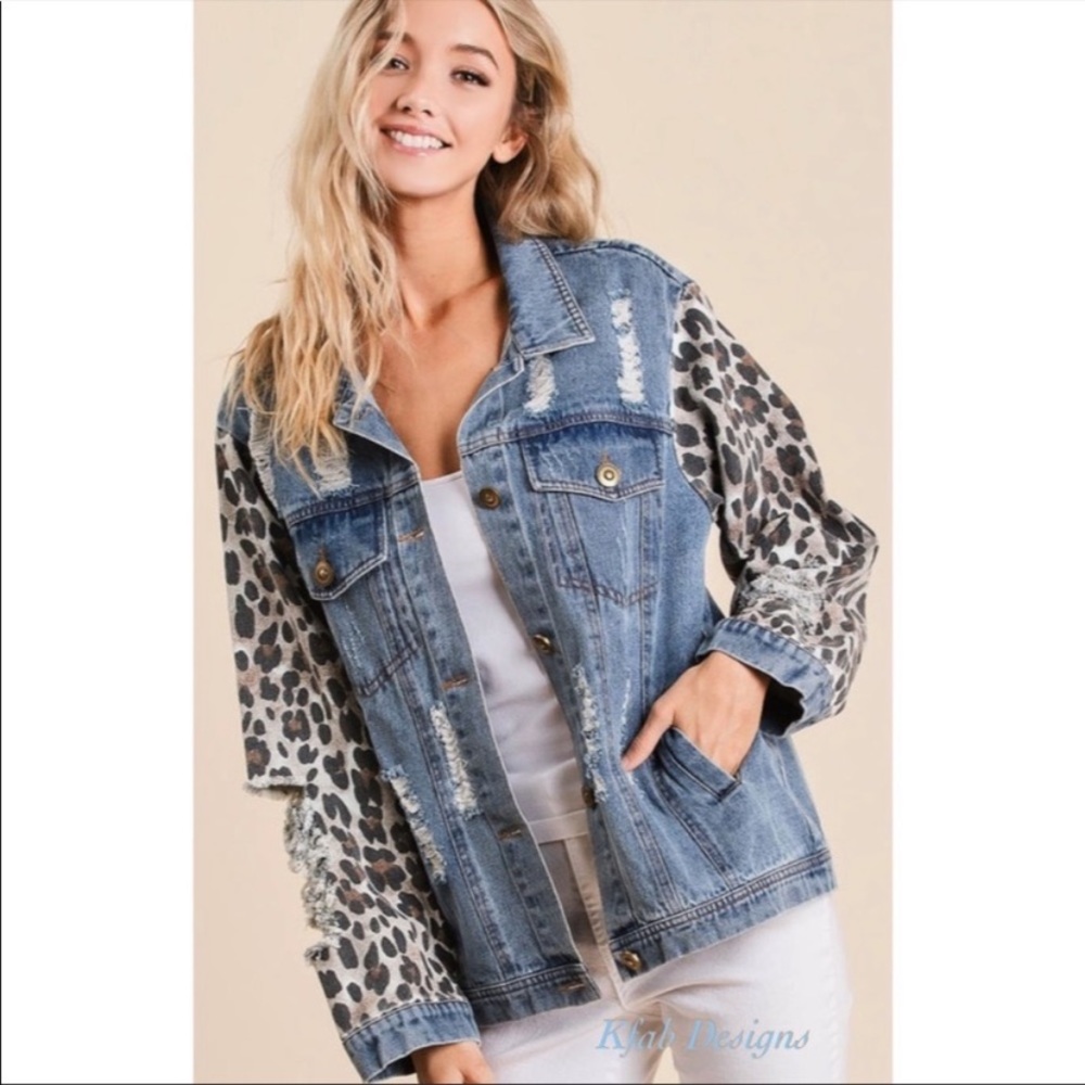 🌺LAST1️⃣🌺New Distressed Denim Jacket Button Down Front & Leopard Print Sleeves - Picture 10 of 11